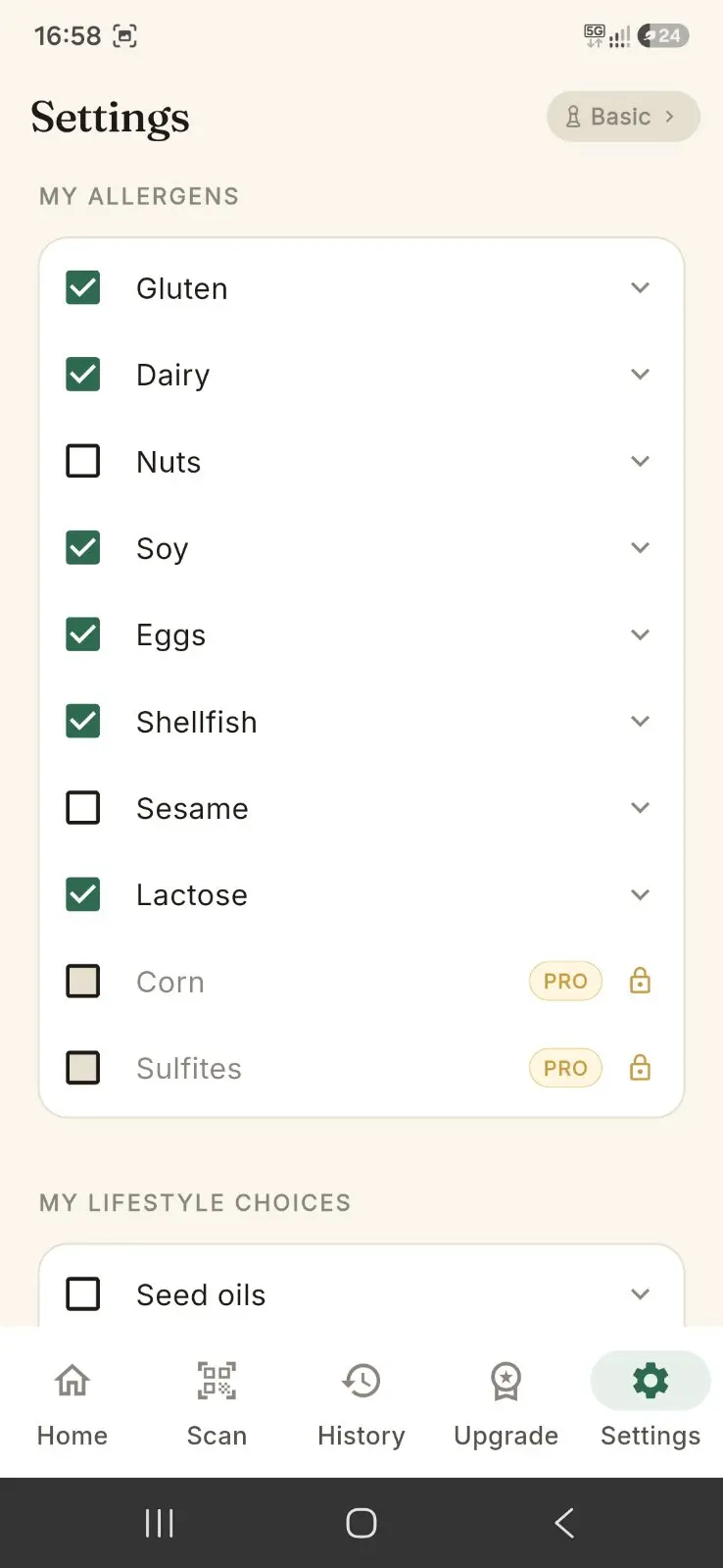 SwapGenie settings and allergen profile